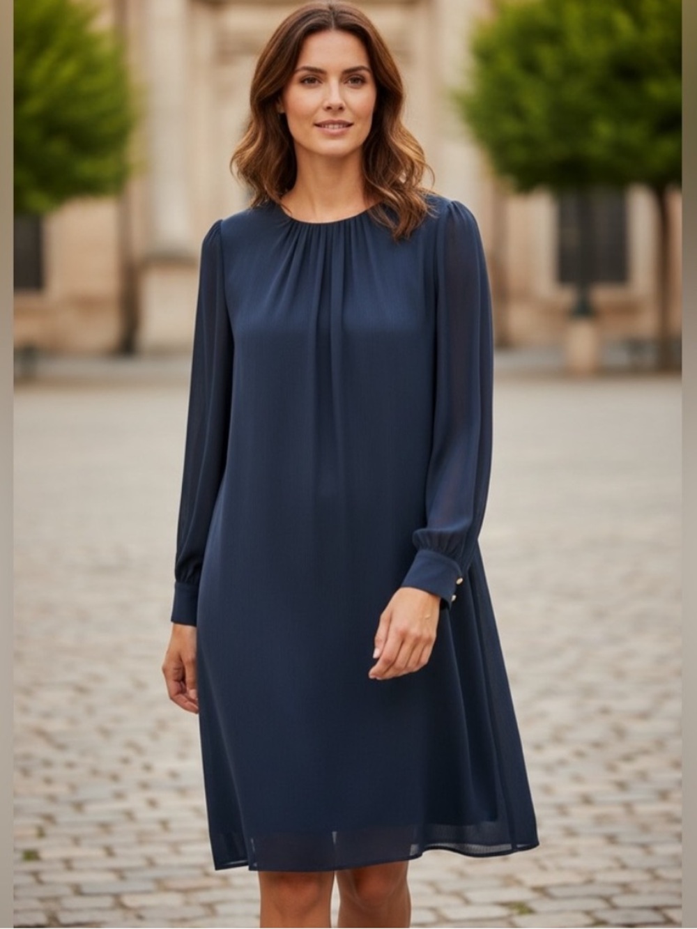 H&M Elegant Navy Long-Sleeve Shift Dress NWT